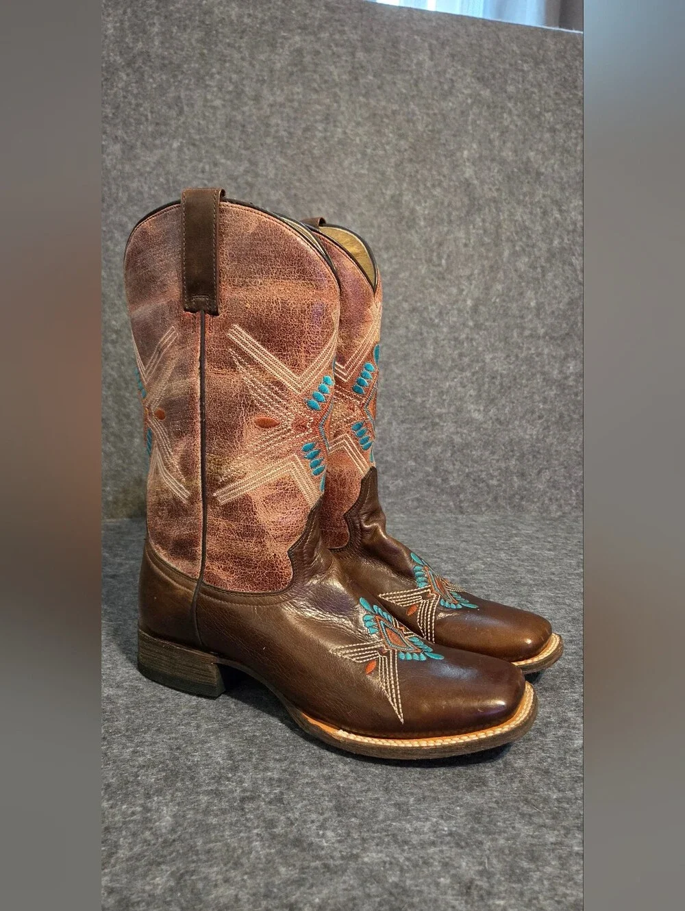 Roper Womens Brown Leather Western Boots Turquoise/Orange Embroidery Made Mexico